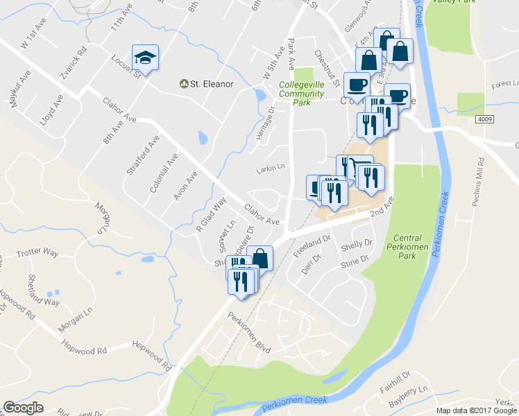 map of restaurants, bars, coffee shops, grocery stores, and more near 294 Carmen Drive in Collegeville