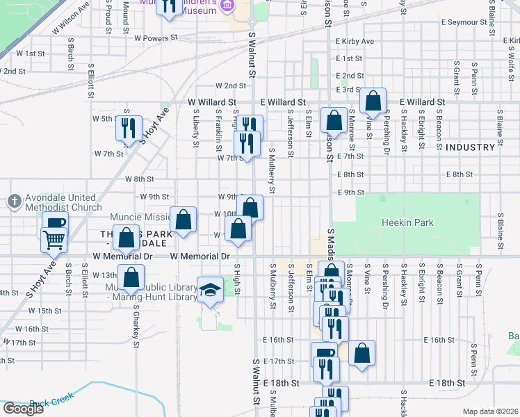 map of restaurants, bars, coffee shops, grocery stores, and more near 1616 South Walnut Street in Muncie
