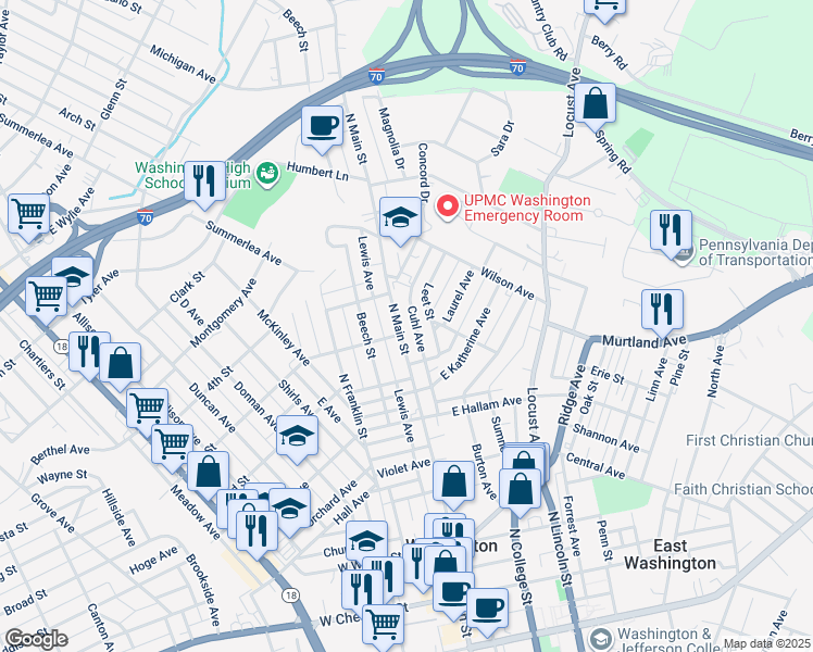 map of restaurants, bars, coffee shops, grocery stores, and more near 704 North Main Street in Washington