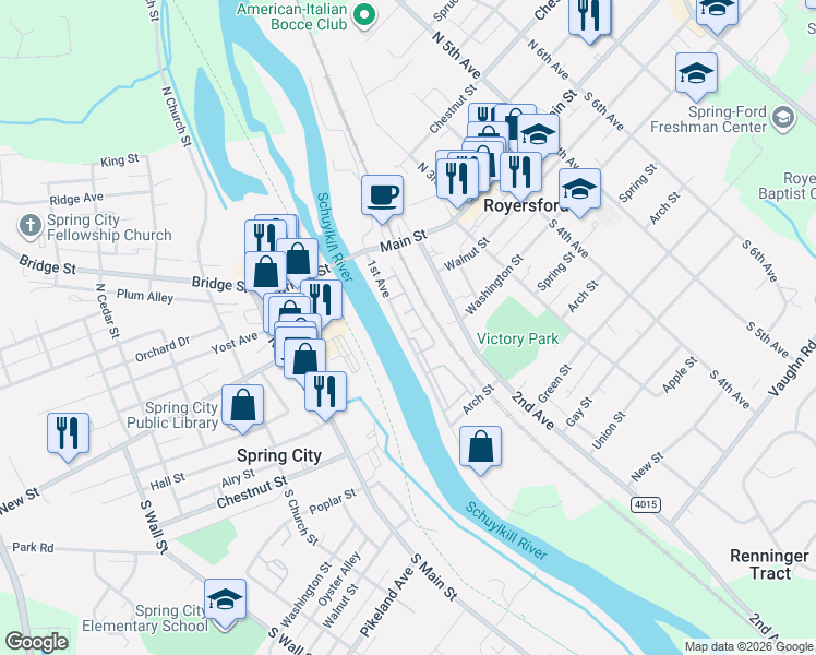 map of restaurants, bars, coffee shops, grocery stores, and more near 135 1st Avenue in Royersford