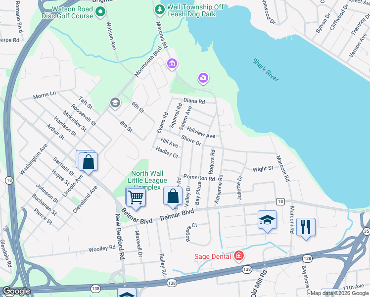 map of restaurants, bars, coffee shops, grocery stores, and more near 1410 Edgemere Road in Wall Township