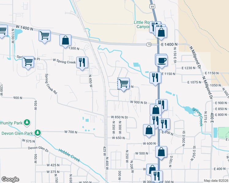 map of restaurants, bars, coffee shops, grocery stores, and more near 305 West 950 North in Springville