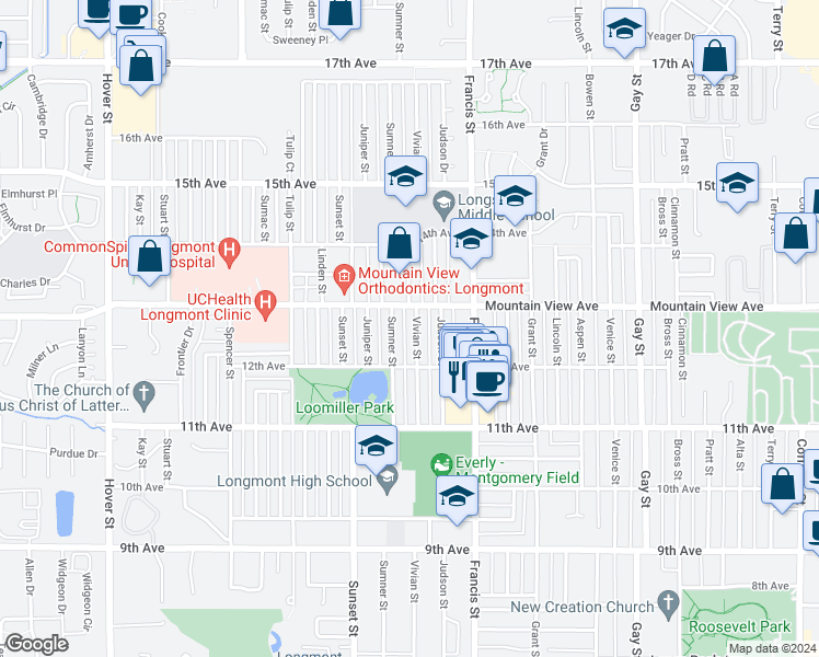 map of restaurants, bars, coffee shops, grocery stores, and more near 1235 Vivian Street in Longmont
