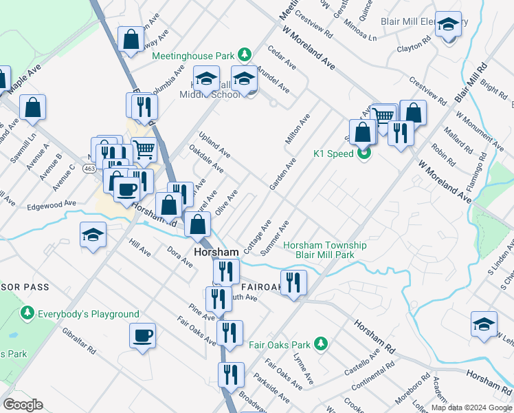map of restaurants, bars, coffee shops, grocery stores, and more near 310 Garden Avenue in Horsham