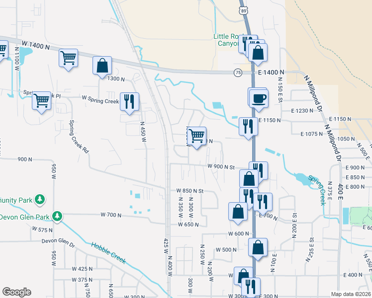 map of restaurants, bars, coffee shops, grocery stores, and more near 305 West 950 North in Springville