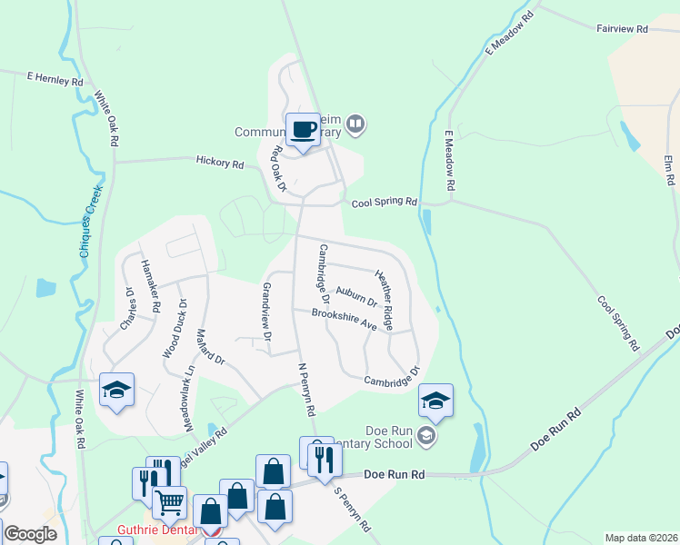 map of restaurants, bars, coffee shops, grocery stores, and more near 821 Cambridge Drive in Manheim