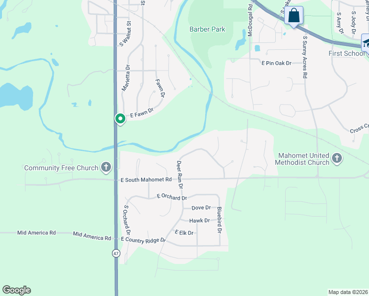 map of restaurants, bars, coffee shops, grocery stores, and more near 504 Deer Run Drive in Mahomet