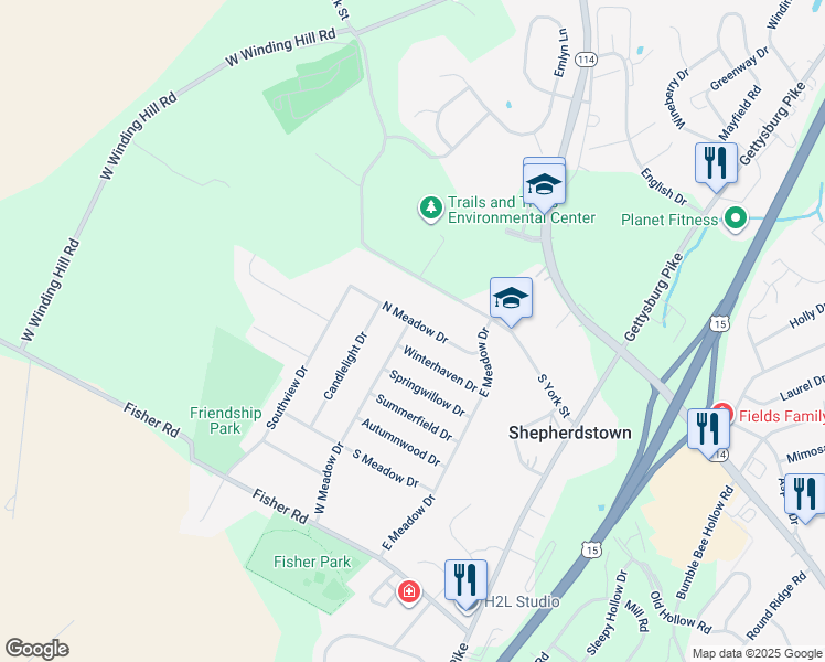map of restaurants, bars, coffee shops, grocery stores, and more near 1778 North Meadow Drive in Mechanicsburg