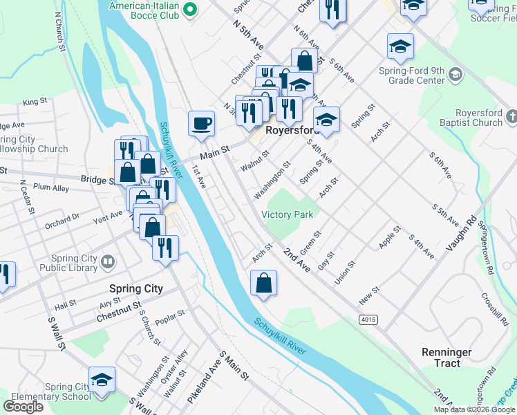 map of restaurants, bars, coffee shops, grocery stores, and more near 210 2nd Avenue in Royersford