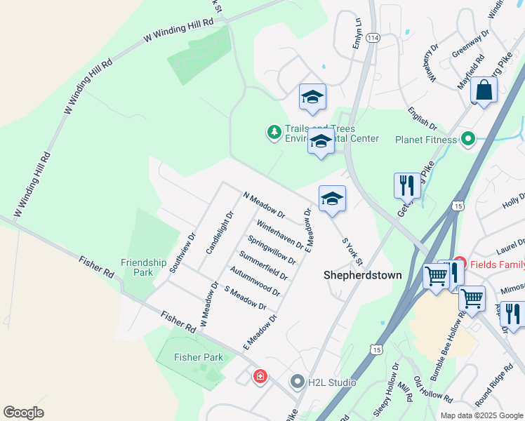 map of restaurants, bars, coffee shops, grocery stores, and more near 1778 North Meadow Drive in Mechanicsburg