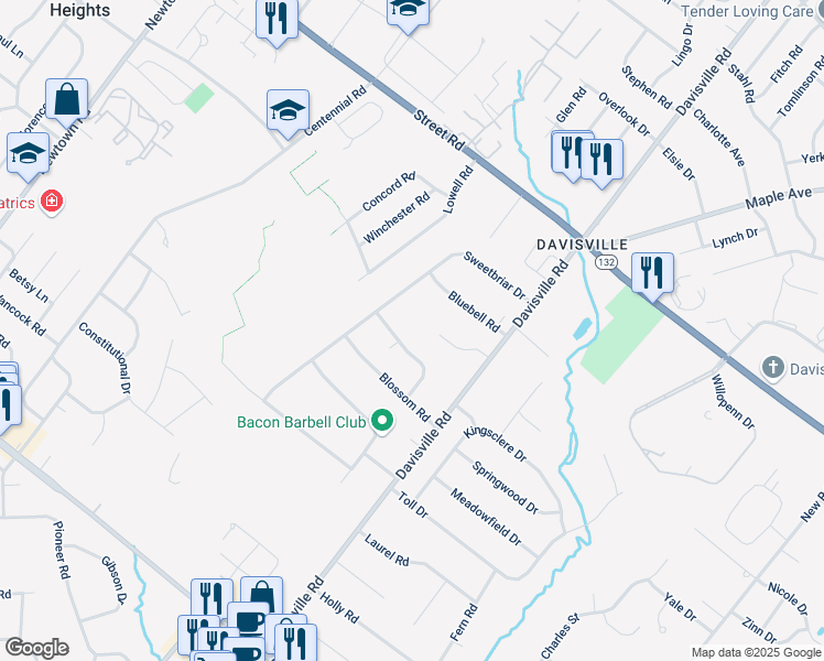 map of restaurants, bars, coffee shops, grocery stores, and more near 735 Honeysuckle Drive in Warminster