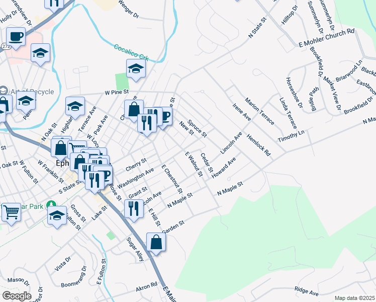 map of restaurants, bars, coffee shops, grocery stores, and more near 403 Washington Avenue in Ephrata