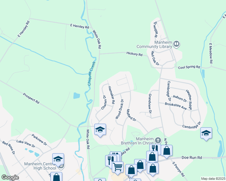 map of restaurants, bars, coffee shops, grocery stores, and more near 697 Hamaker Road in Manheim