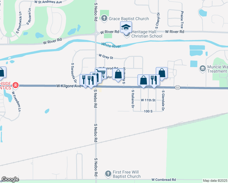 map of restaurants, bars, coffee shops, grocery stores, and more near 6259 West Kilgore Avenue in Muncie