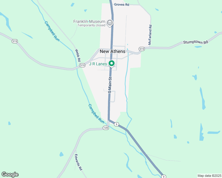 map of restaurants, bars, coffee shops, grocery stores, and more near 124 South Main Street in New Athens