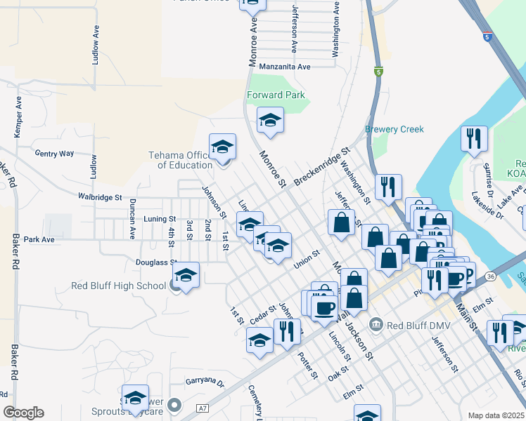 map of restaurants, bars, coffee shops, grocery stores, and more near 1325 Jackson Street in Red Bluff
