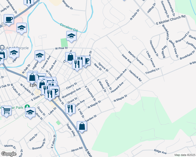 map of restaurants, bars, coffee shops, grocery stores, and more near 403 Washington Avenue in Ephrata