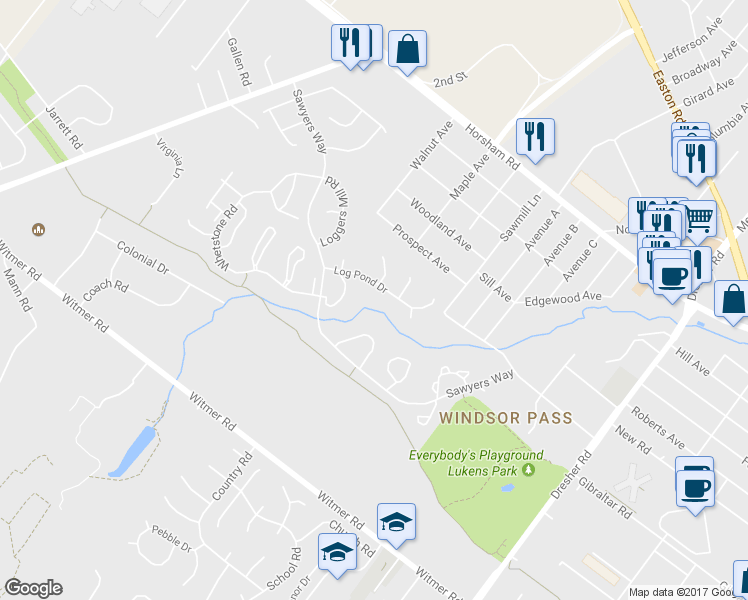 map of restaurants, bars, coffee shops, grocery stores, and more near 191 Log Pond Drive in Horsham