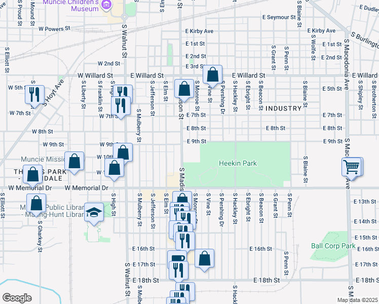 map of restaurants, bars, coffee shops, grocery stores, and more near 1600 South Madison Street in Muncie