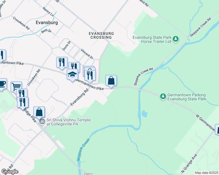 map of restaurants, bars, coffee shops, grocery stores, and more near 3763 Germantown Pike in Collegeville
