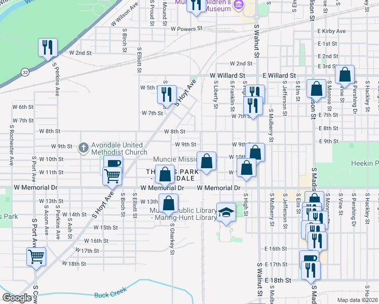 map of restaurants, bars, coffee shops, grocery stores, and more near 520 West 10th Street in Muncie