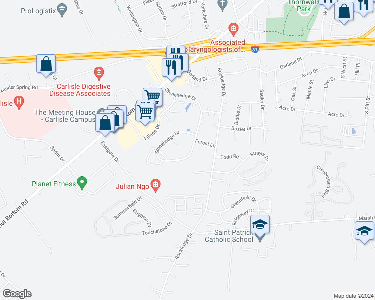 map of restaurants, bars, coffee shops, grocery stores, and more near 118 Stonehedge Dr in Carlisle