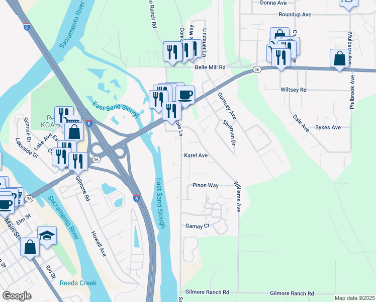 map of restaurants, bars, coffee shops, grocery stores, and more near 230 Karel Avenue in Red Bluff
