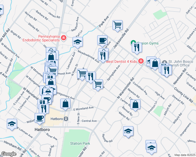 map of restaurants, bars, coffee shops, grocery stores, and more near 307 Lincoln Avenue in Hatboro