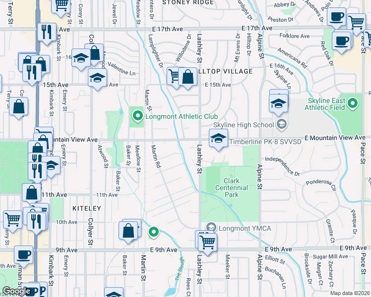 map of restaurants, bars, coffee shops, grocery stores, and more near 68 Powder Horn Place in Longmont