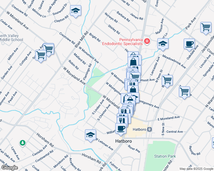 map of restaurants, bars, coffee shops, grocery stores, and more near 32 Broad Street in Hatboro