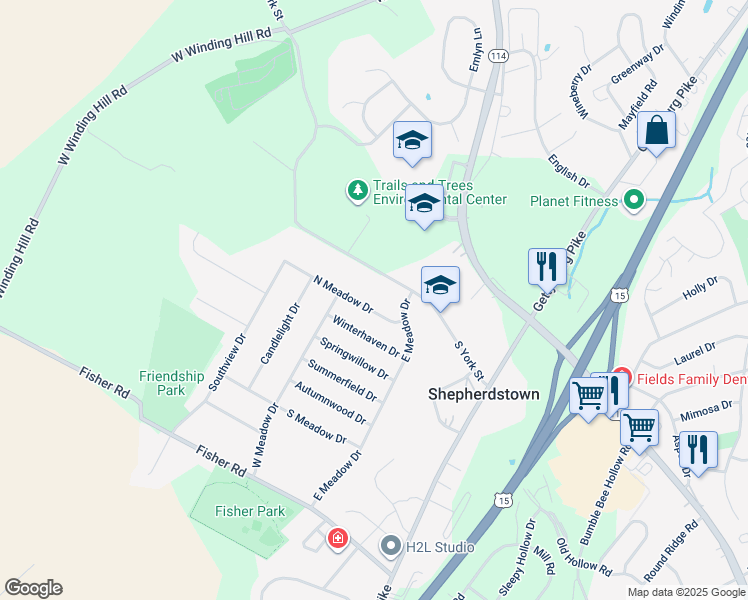 map of restaurants, bars, coffee shops, grocery stores, and more near 1783 N Meadow Dr in Mechanicsburg