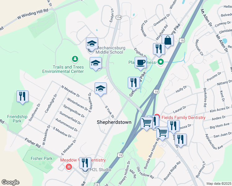 map of restaurants, bars, coffee shops, grocery stores, and more near 1820 South Market Street in Mechanicsburg