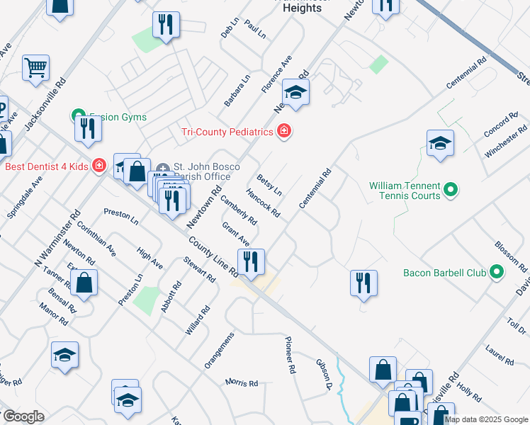 map of restaurants, bars, coffee shops, grocery stores, and more near 396 Hancock Road in Warminster