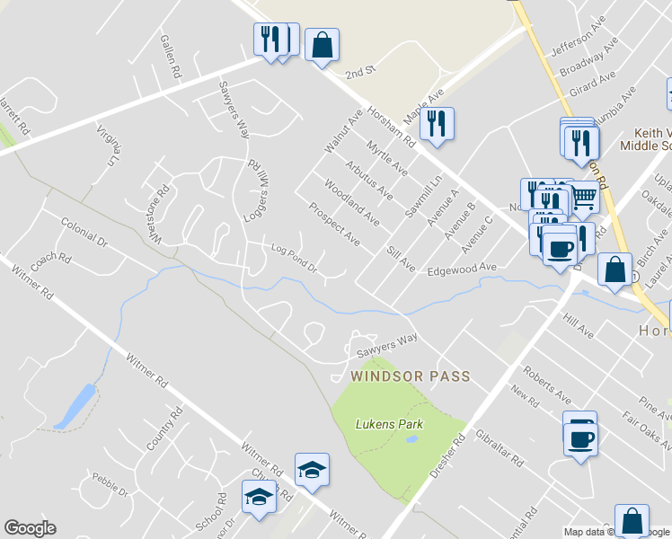 map of restaurants, bars, coffee shops, grocery stores, and more near 6 Log Pond Drive in Horsham