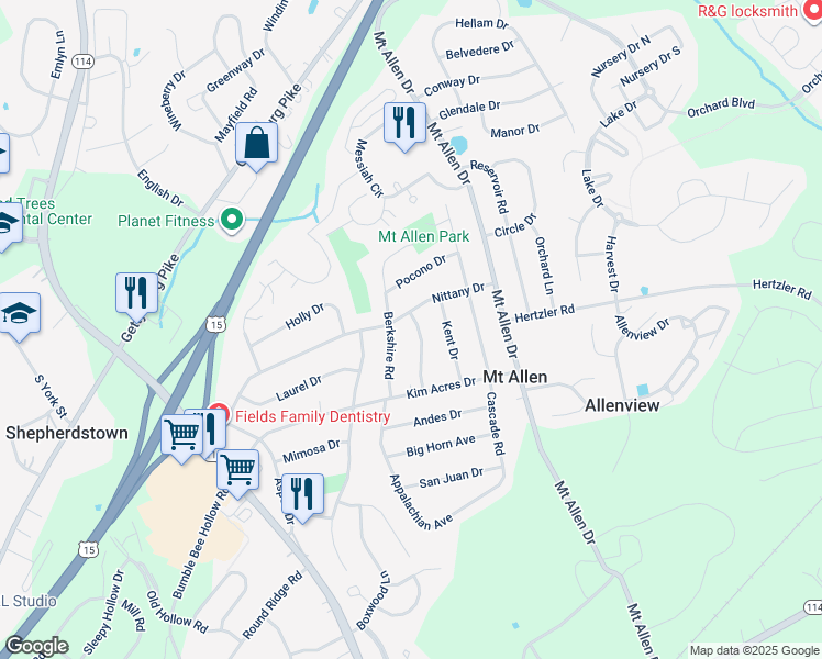 map of restaurants, bars, coffee shops, grocery stores, and more near 402 Allegheny Drive in Mechanicsburg
