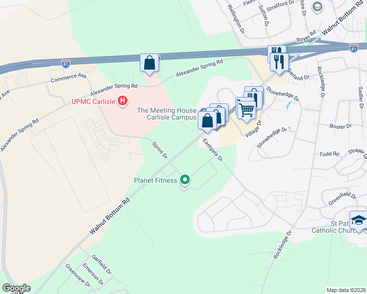 map of restaurants, bars, coffee shops, grocery stores, and more near 1201 Walnut Bottom Road in Carlisle