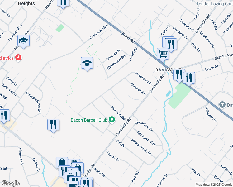 map of restaurants, bars, coffee shops, grocery stores, and more near 735 Honeysuckle Drive in Warminster