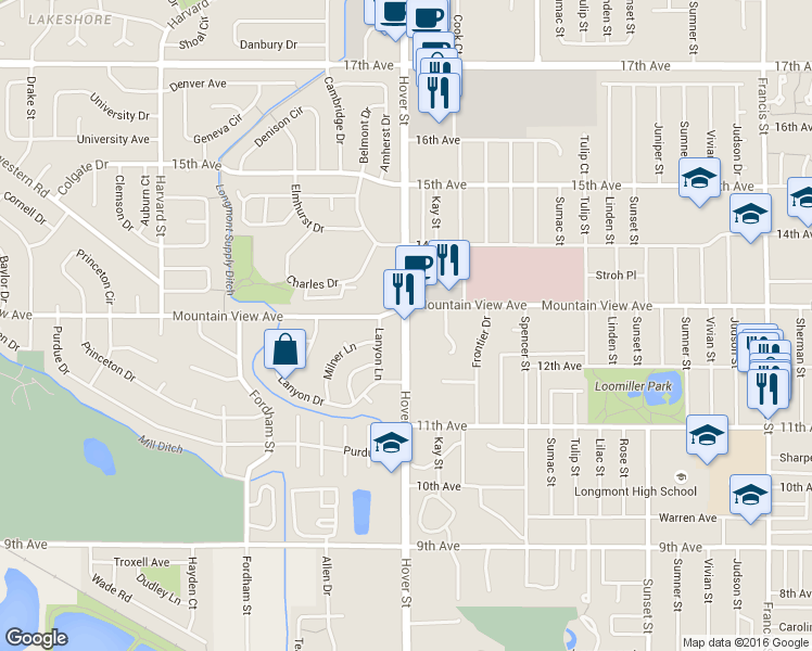 map of restaurants, bars, coffee shops, grocery stores, and more near 1268 Hover Street in Longmont