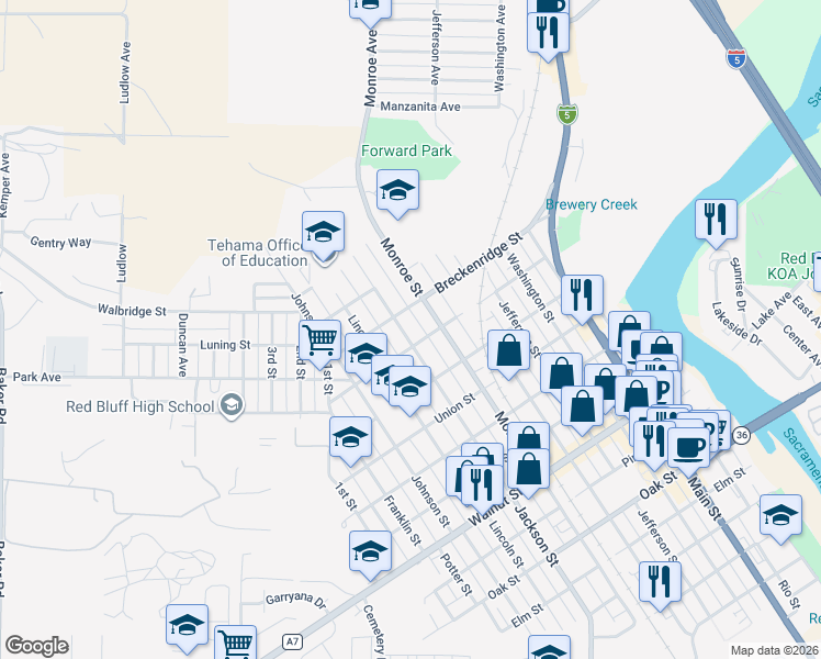 map of restaurants, bars, coffee shops, grocery stores, and more near 1326 Jackson Street in Red Bluff