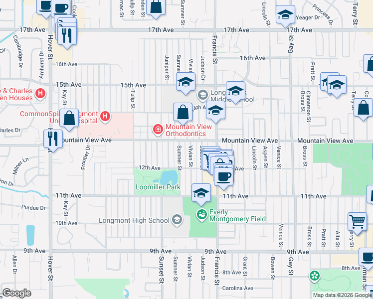 map of restaurants, bars, coffee shops, grocery stores, and more near 1232 Vivian Street in Longmont