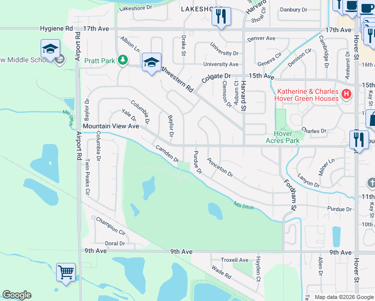 map of restaurants, bars, coffee shops, grocery stores, and more near 1224 Cornell Drive in Longmont