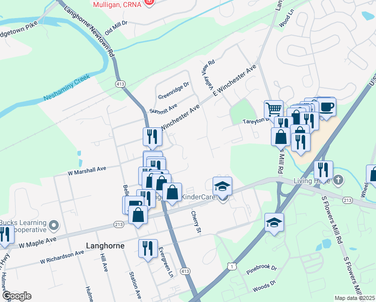 map of restaurants, bars, coffee shops, grocery stores, and more near 276 East Marshall Avenue in Langhorne