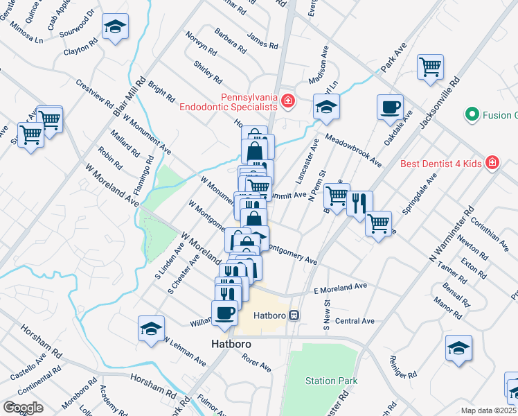 map of restaurants, bars, coffee shops, grocery stores, and more near 210 Pennsylvania 263 in Hatboro