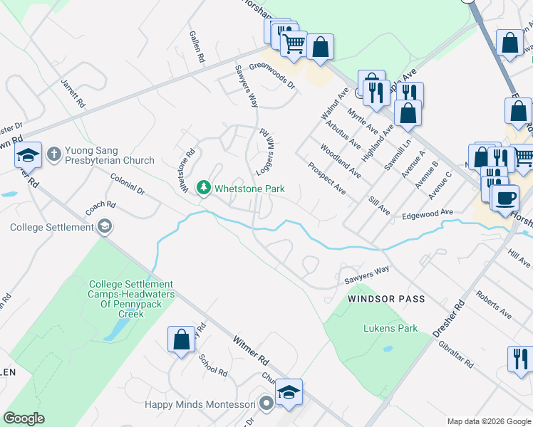 map of restaurants, bars, coffee shops, grocery stores, and more near 37 Brookside Court in Horsham