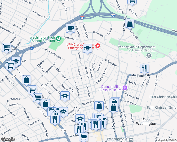 map of restaurants, bars, coffee shops, grocery stores, and more near 703 North Main Street in Washington