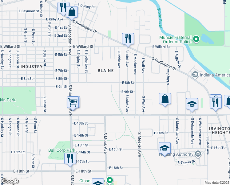 map of restaurants, bars, coffee shops, grocery stores, and more near Cardinal Greenway in Muncie
