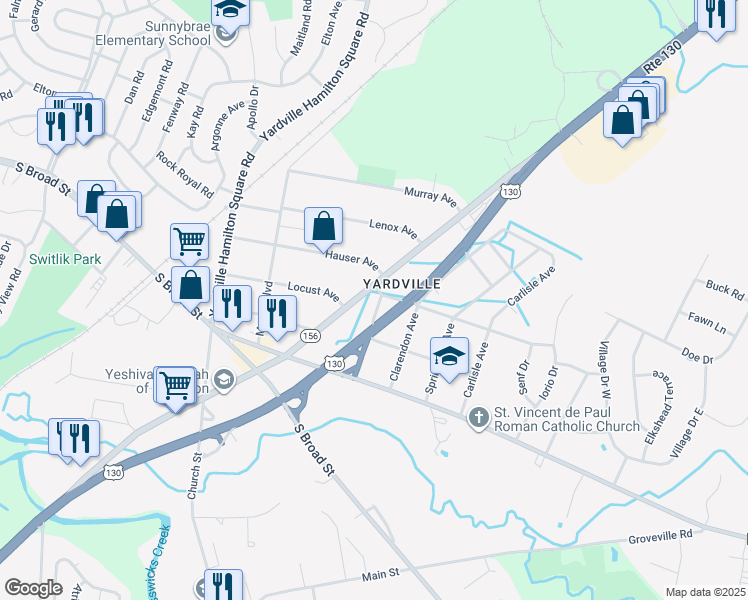 map of restaurants, bars, coffee shops, grocery stores, and more near 255 New Jersey 156 in Hamilton Township