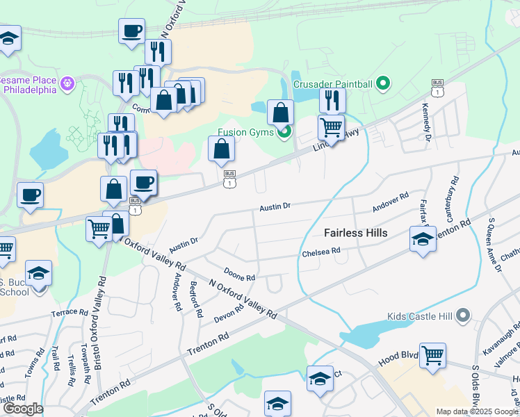 map of restaurants, bars, coffee shops, grocery stores, and more near 305 Austin Drive in Fairless Hills