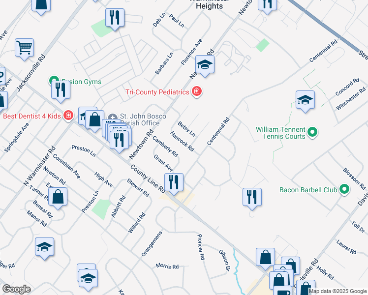map of restaurants, bars, coffee shops, grocery stores, and more near 396 Hancock Road in Warminster