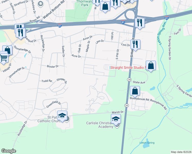 map of restaurants, bars, coffee shops, grocery stores, and more near 105 Ege Drive in Carlisle